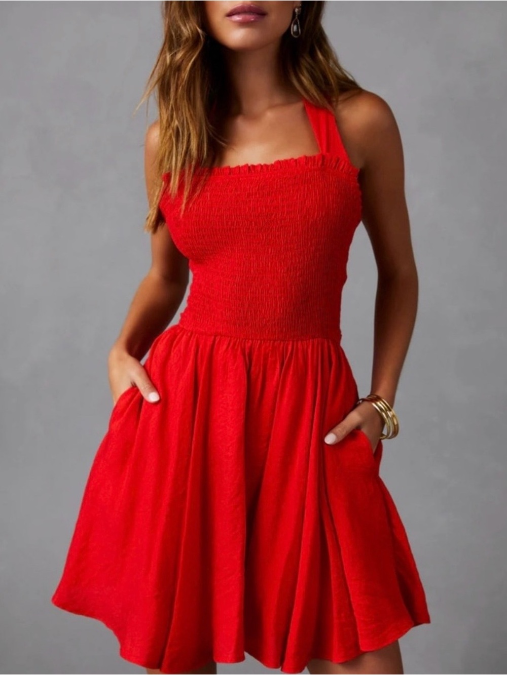 NWOT Vici Collection Liora Red Smocked Criss Cross Back Mini Dress Size Medium